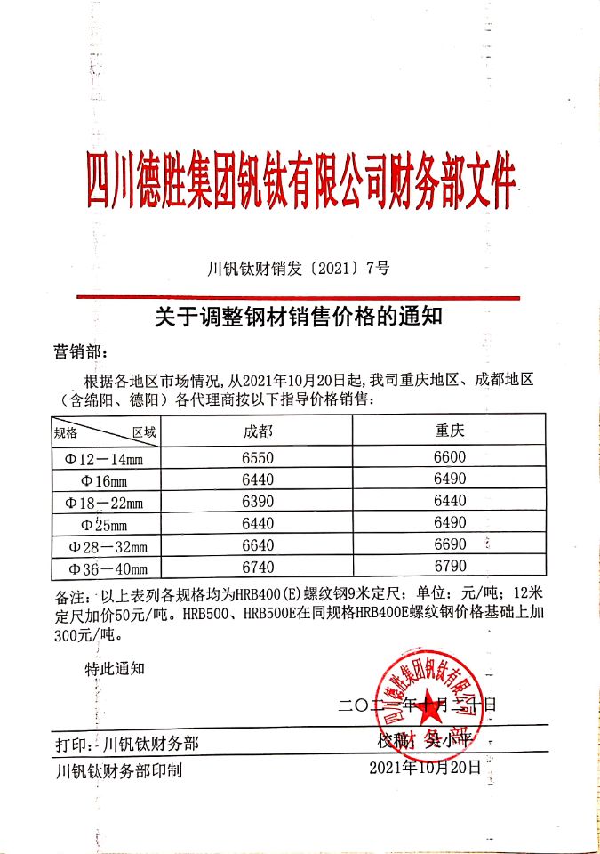 四川易胜博体育集团钒钛有限公司10月20日钢材销售指导价