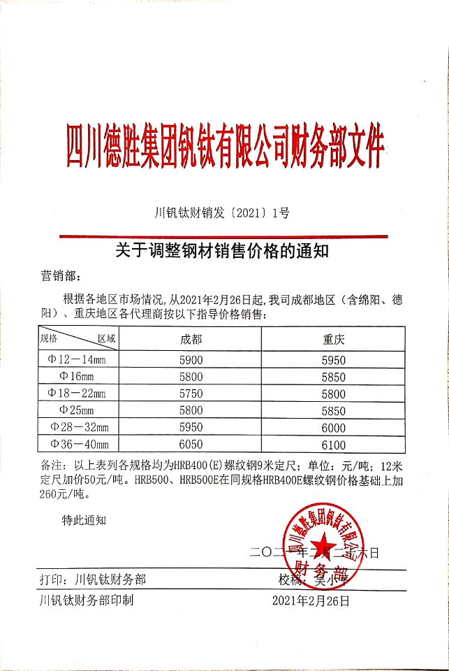 四川易胜博体育集团钒钛有限公司2月26日钢材销售指导价