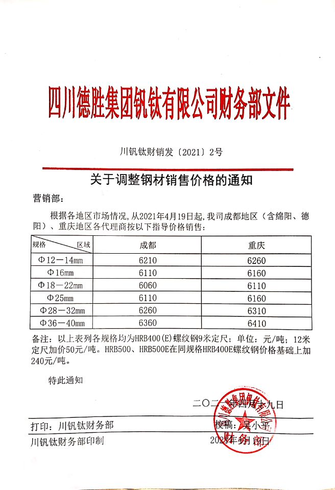 四川易胜博体育集团钒钛有限公司4月19日钢材销售指导价